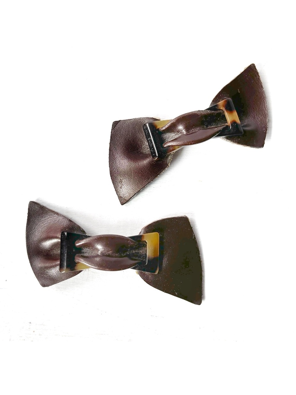1990's Leather Bow Shoe Clips, Vintage Feminine Sweater Tortoise Buckle Pin Hair